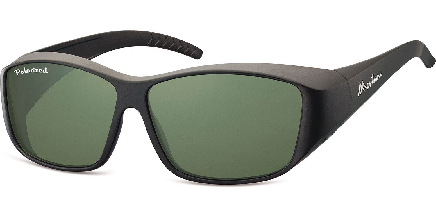 Lunettes de soleil noires avec verres verts. "Polarized" sur la lentille gauche. "Montana" sur la branche.