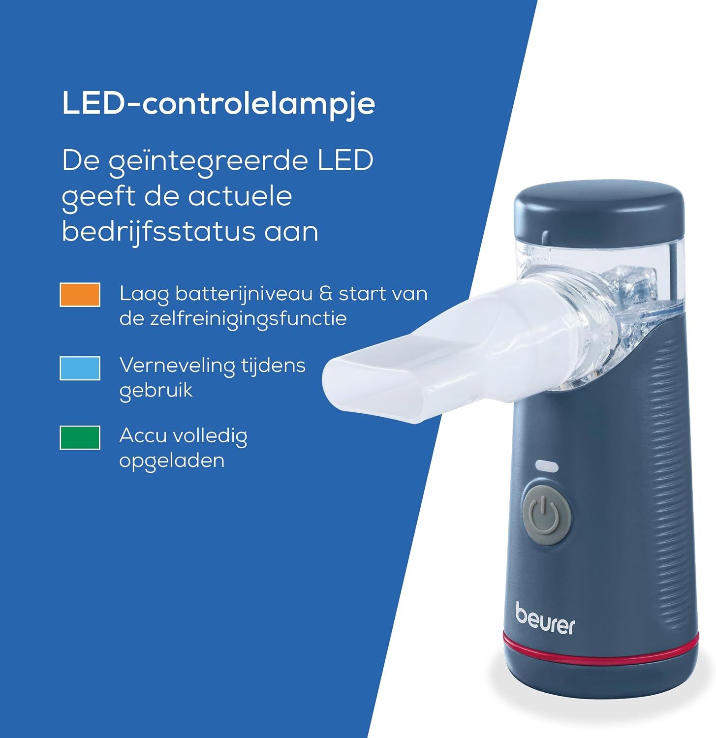 Een draagbare Beurer vernevelaar met LED-indicator voor batterijstatus en bedrijfsmodus.