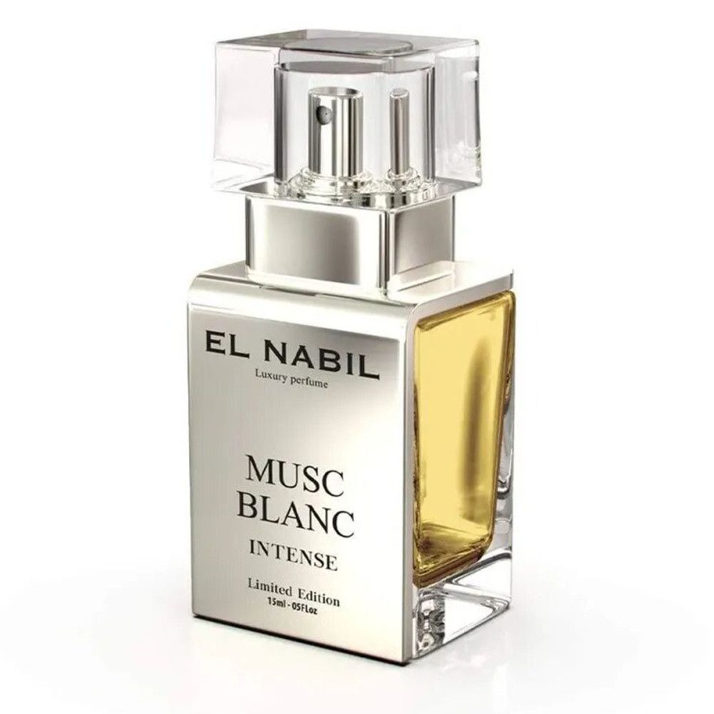 Flacon de parfum avec bouchon argenté. Flacon rectangulaire transparent avec liquide jaunâtre. Inscription : El Nabil, Musc Blanc Intense.