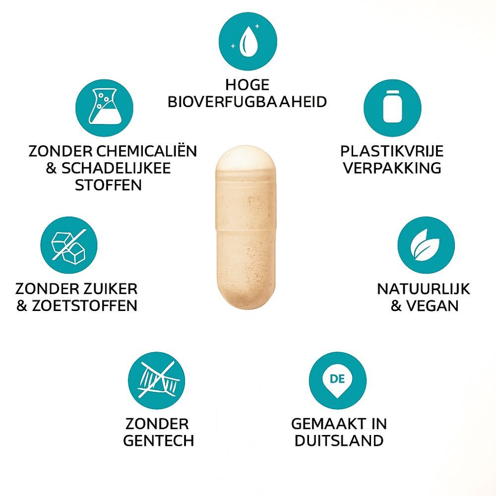 Capsule in het midden, omringd door cirkels met tekst: Zonder chemicaliën, zonder suiker, zonder GGO's, hoge biologische beschikbaarheid, plasticvrije verpakking, natuurlijk & veganistisch, gemaakt in Duitsland.