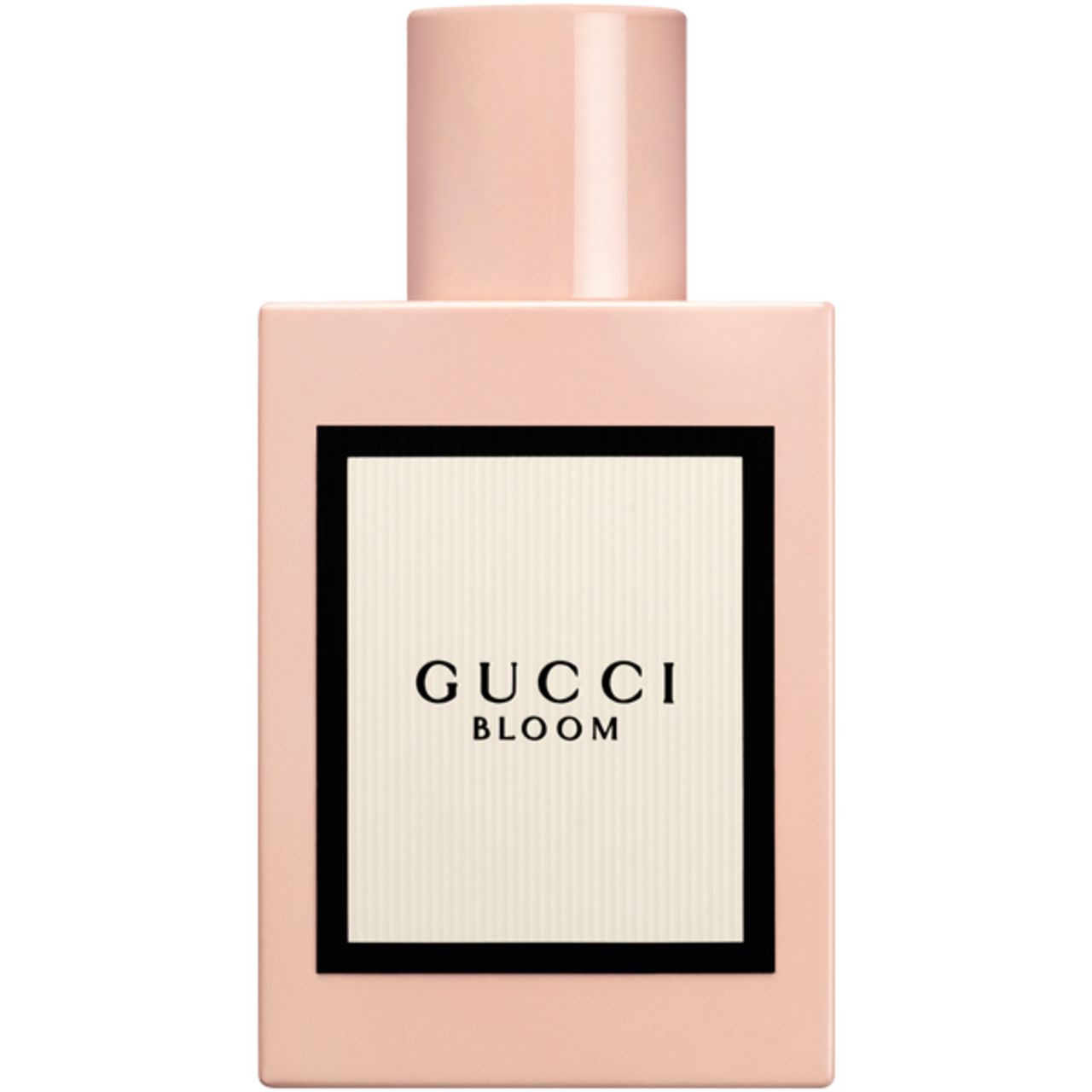 Roze fles met wit etiket en zwarte rand. Op het etiket: Gucci Bloom. Roze dop.