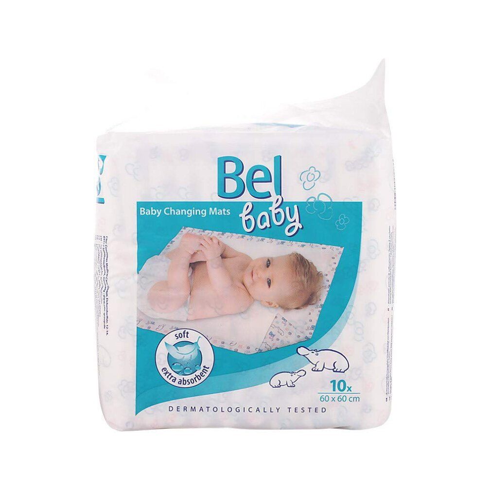 Verpakking Bel Baby aankleedkussens. Tien stuks, 60x60cm. Zacht en extra absorberend. Dermatologisch getest. Baby op de verpakking.