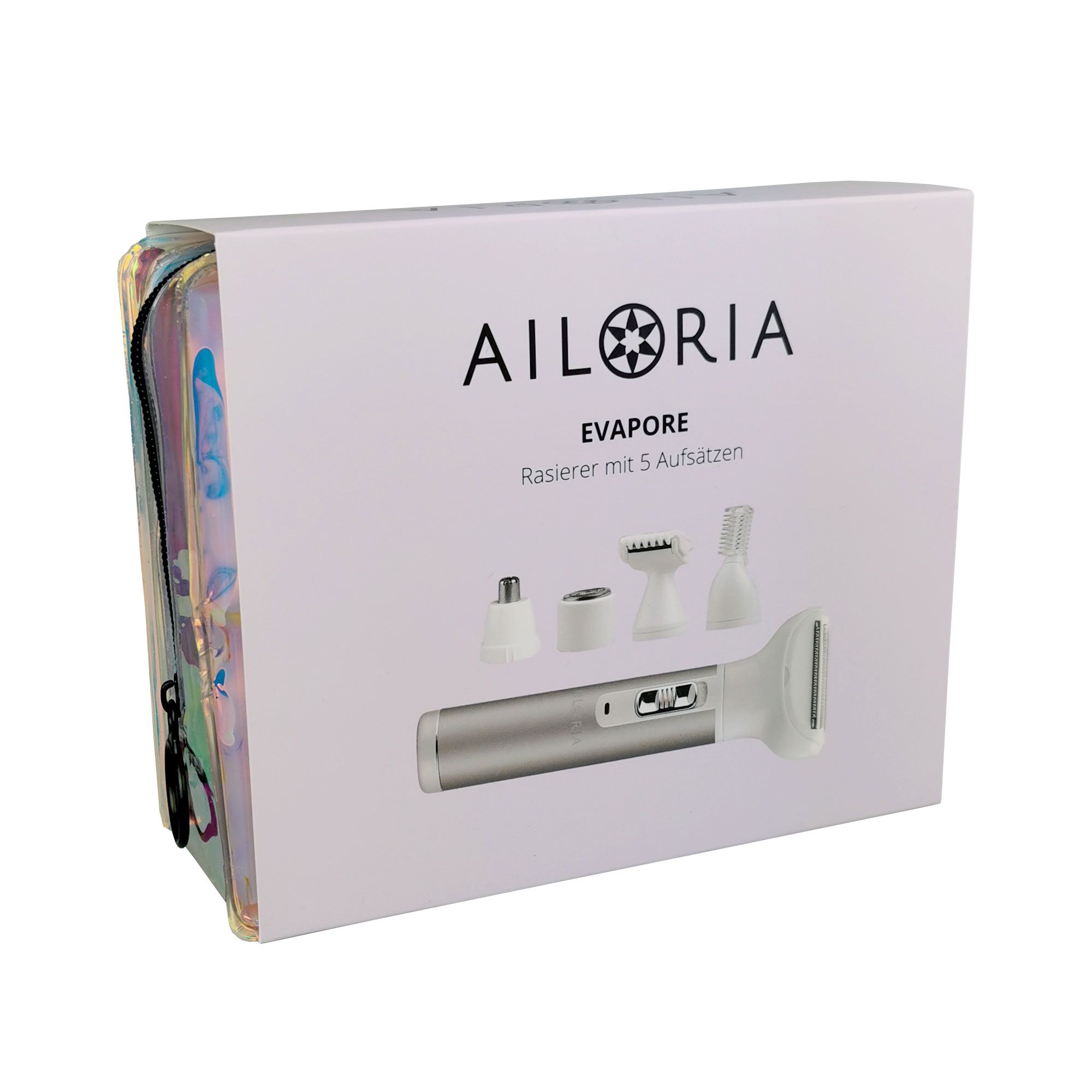 Emballage avec rasoir et accessoires. AILORIA EVAPORE. Boîte blanche. Rasoir, accessoires, trousse.
