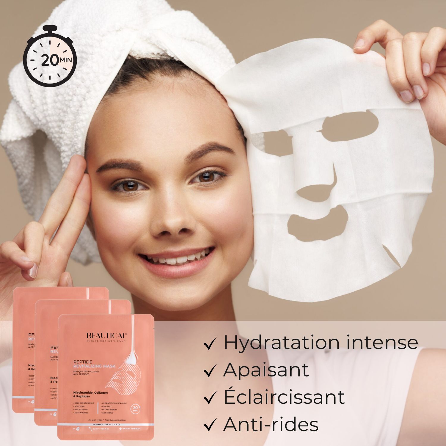 Visage avec masque. Ingrédients clés. Texte. Gros plan.