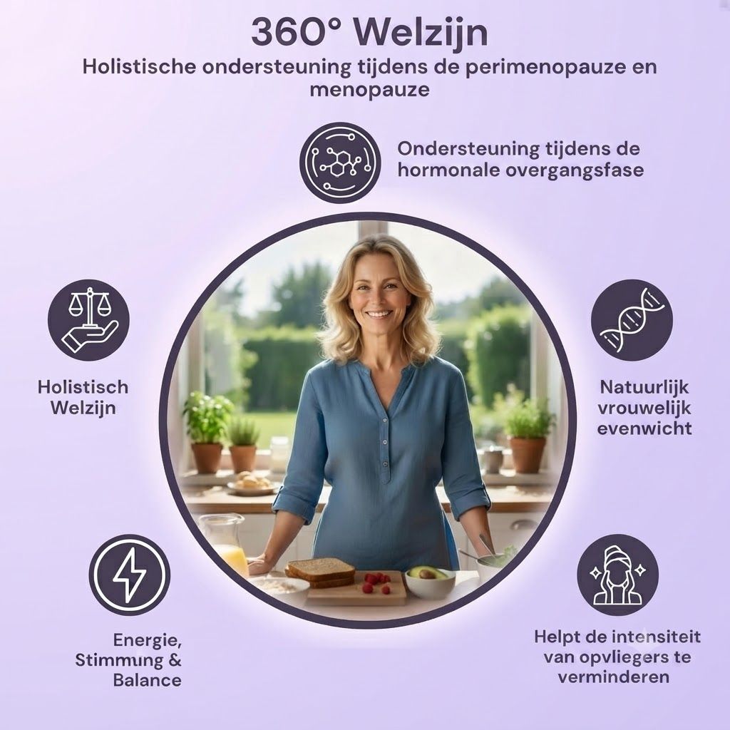 Vrouw in blauw shirt staat in een keuken met iconen voor holistisch welzijn, energie, hormonale ondersteuning en vrouwelijk evenwicht.