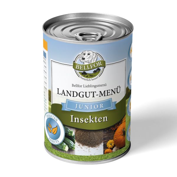 Boîte de nourriture pour chiens avec étiquette. Inscription : Bellfor Landgut-Menü Junior Insekten. Image d'un chien.