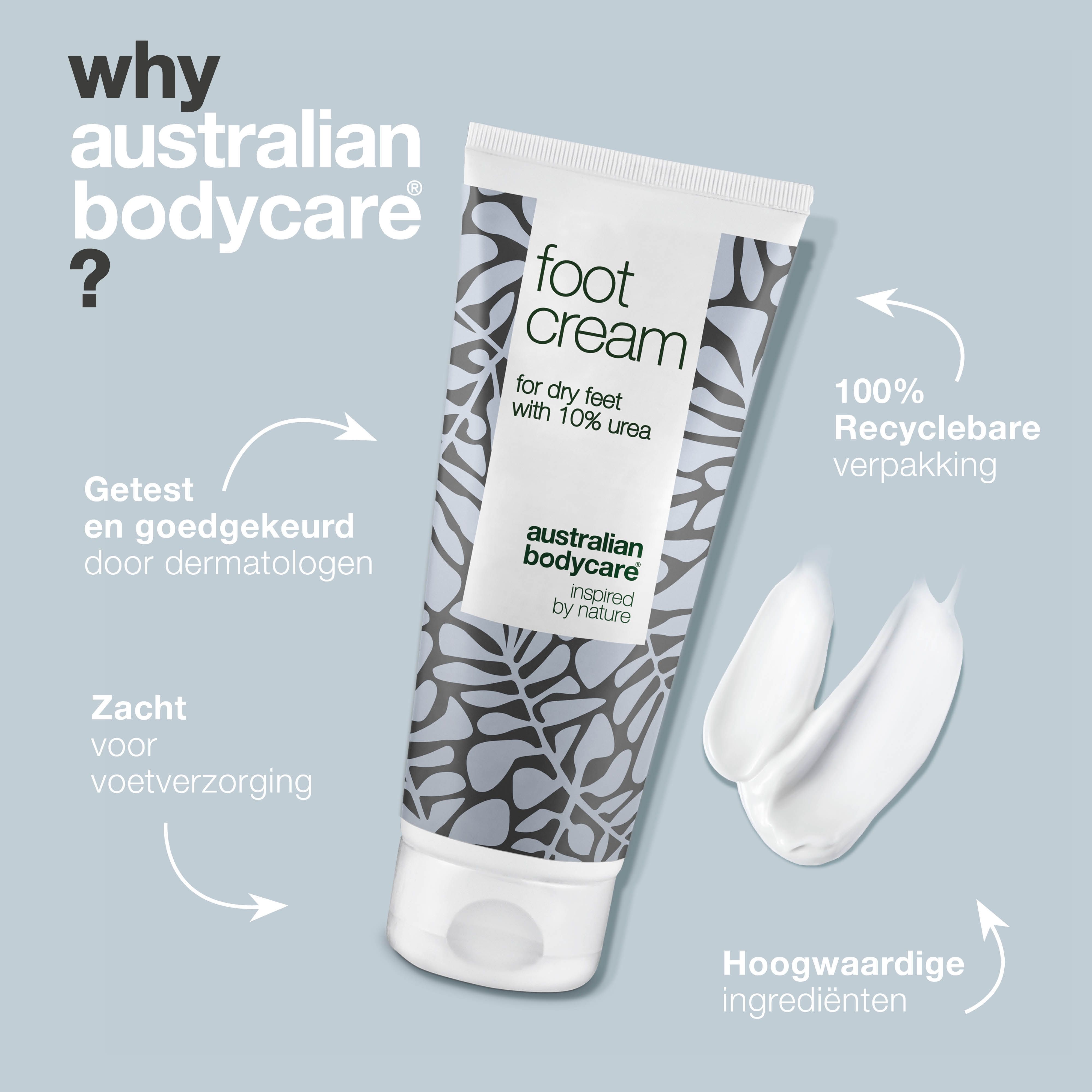 Voetcrèmetube met bloemmotief. Tekst: "foot cream" en "australian bodycare".