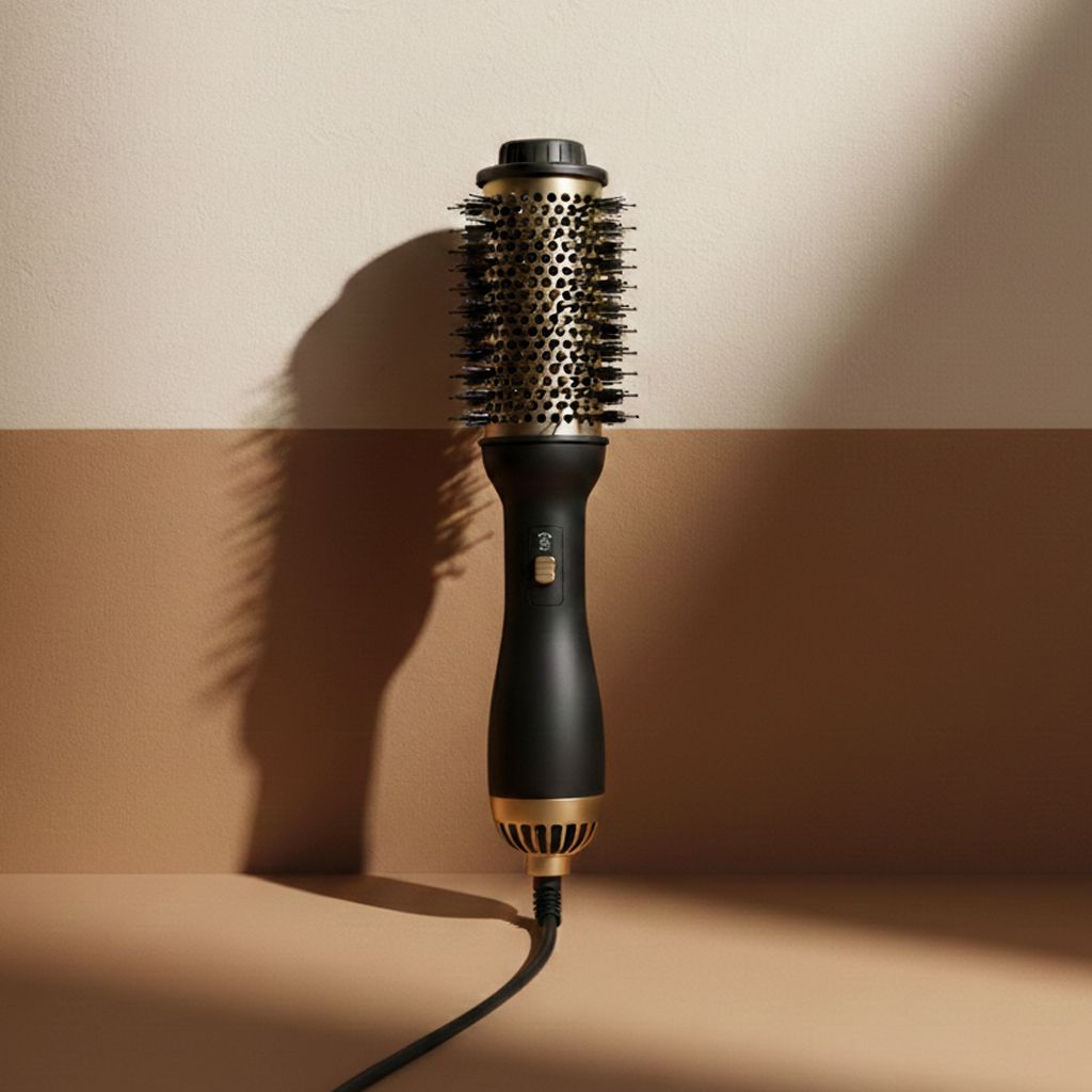 Een zwarte en gouden haar föhn en styling borstel met borstelharen.