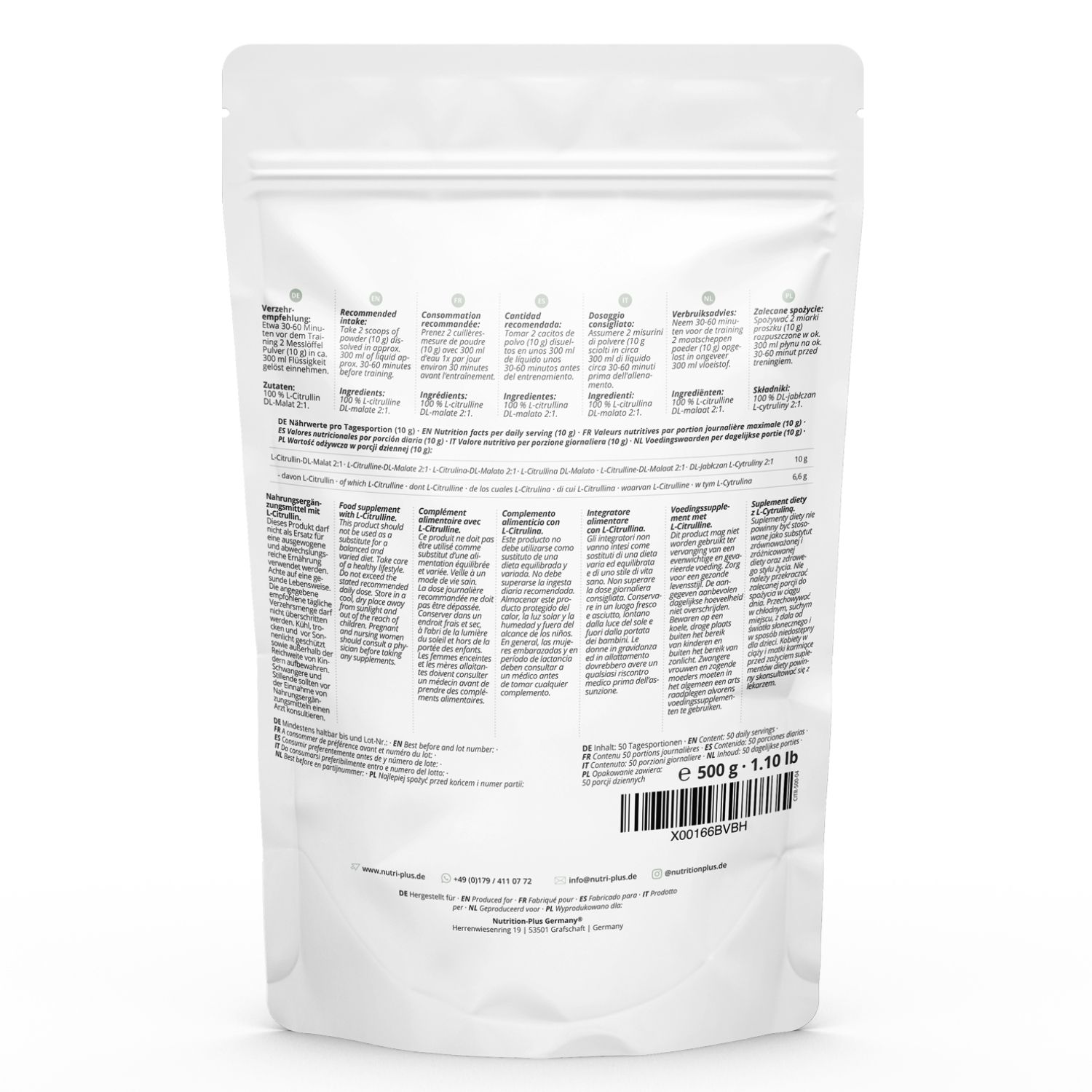 Dos d'un sachet blanc avec texte multilingue. Contient des informations nutritionnelles et une liste d'ingrédients. Marque : nutri+.