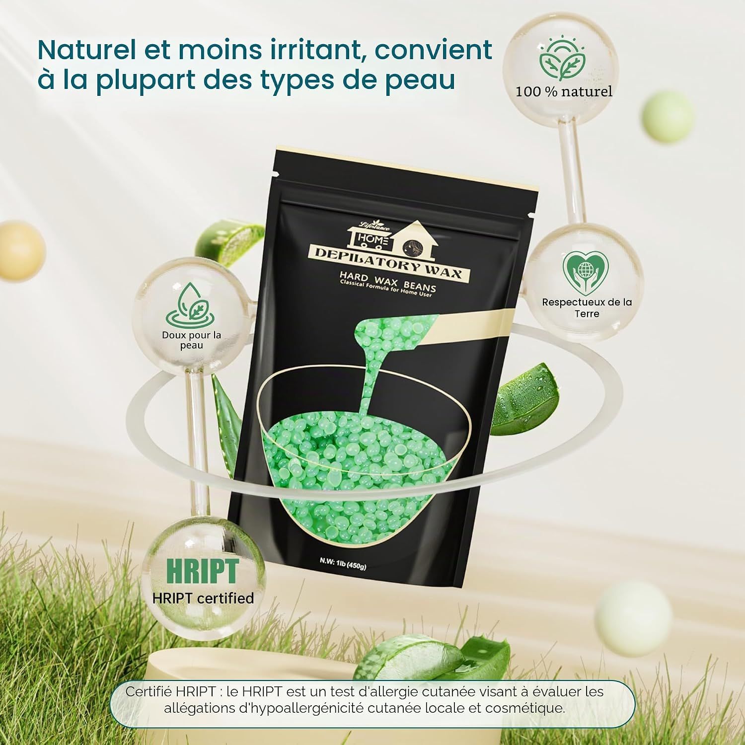 Sachet de cire dure Depilatory Wax, perles vertes, avec spatule en bois.