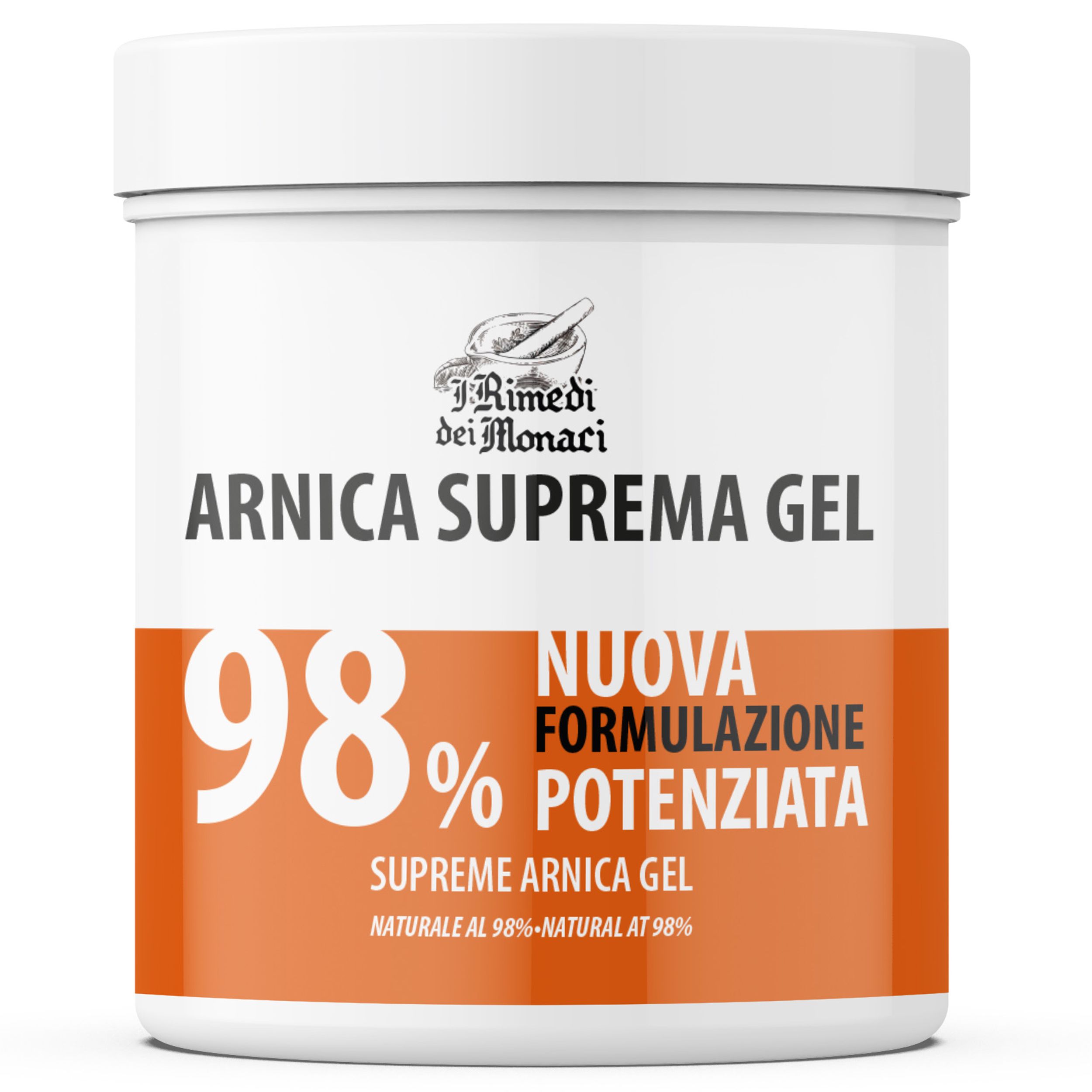 Witte productpot met oranje tekst. Tekst: Arnica Suprema Gel 98%. Opschrift: Nieuwe formulering. Natuurlijk op 98%.