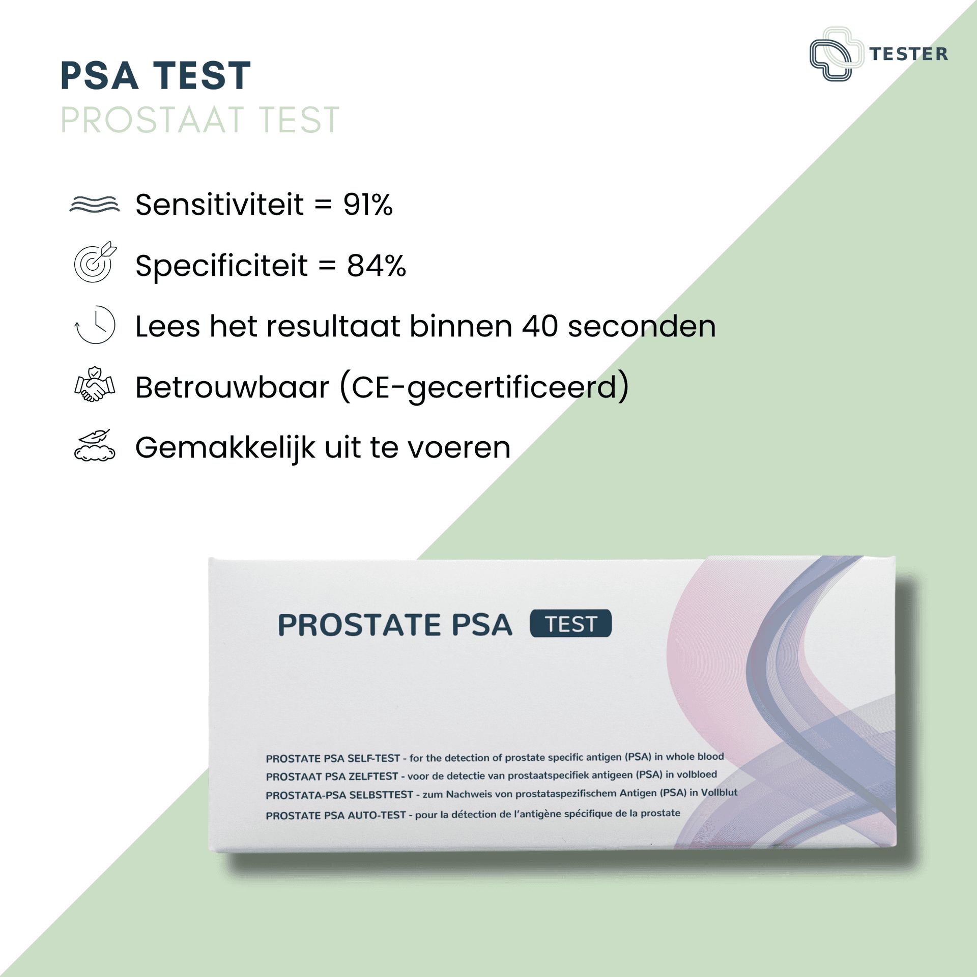 PSA Prostaat Test: Informatie over gevoeligheid, specificiteit, resultaat tijd en CE-certificering.
