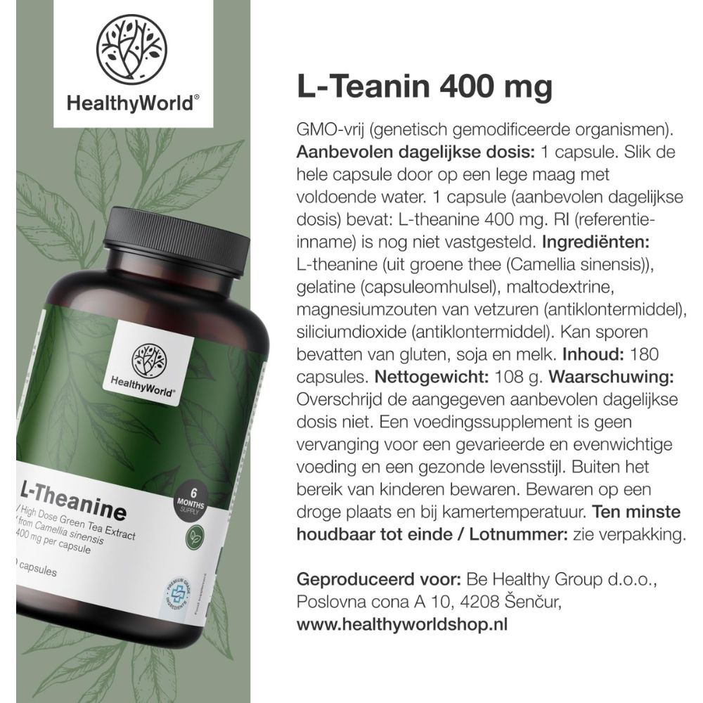 Fles met capsules. Opschrift: L-Theanine, 400 mg, 180 capsules. Merk: HealthyWorld. Tekst over L-Theanine.