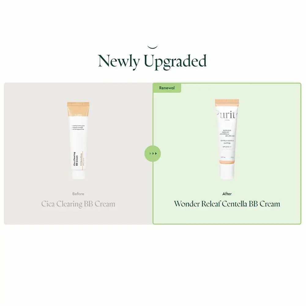 Voor-en-na vergelijking. Links: Cica Clearing BB Cream. Rechts: Wonder Releaf Centella BB Cream.