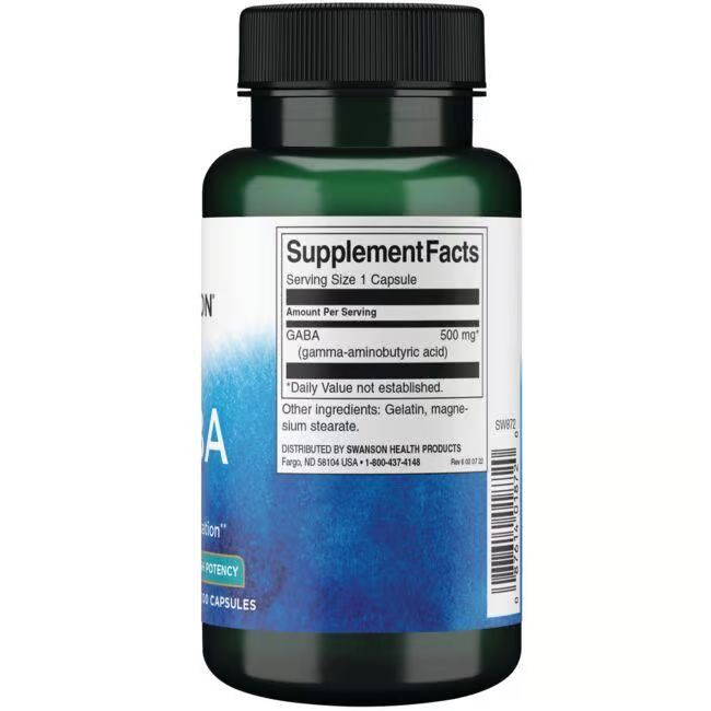 Dos du flacon vert. Inscription: Supplement Facts. GABA, 500 mg. Autres ingrédients: gélatine, stéarate de magnésium.