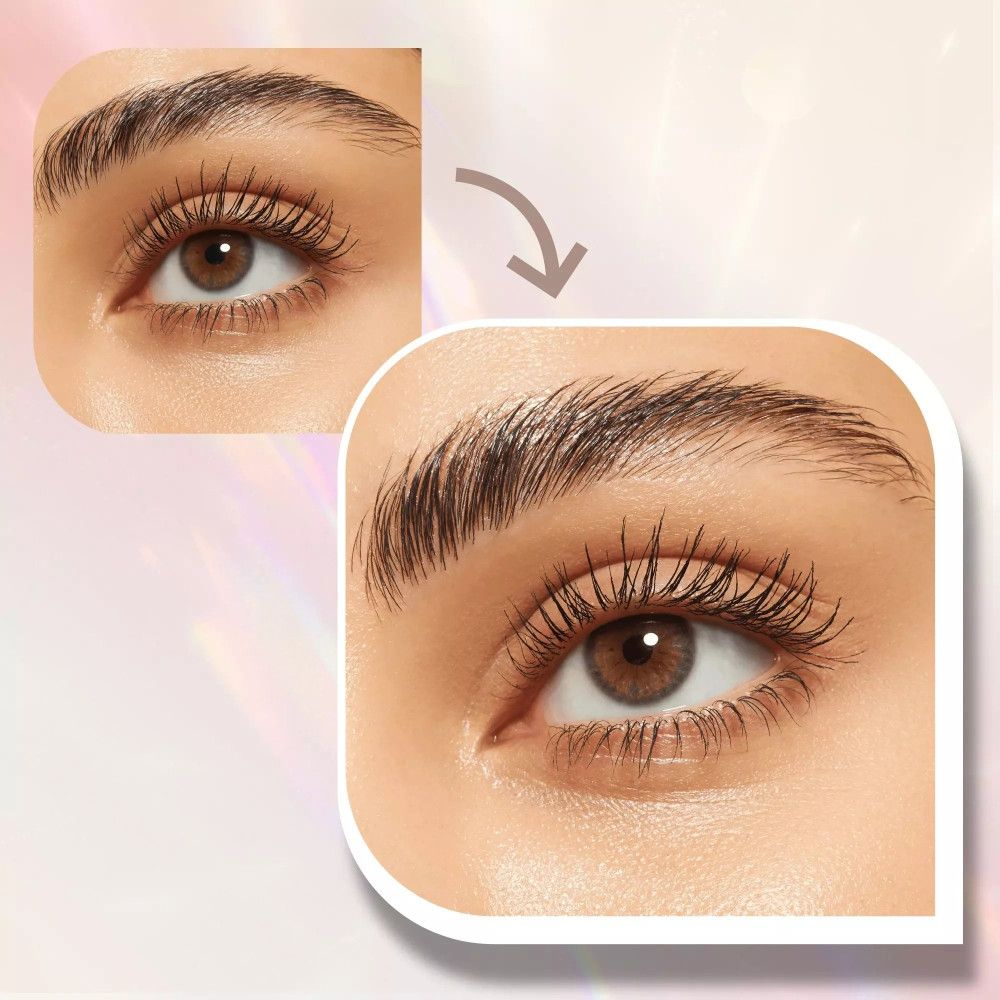 Comparaison avant-après. Œil avec sourcils non stylisés et stylisés. Flèche indiquant le changement.