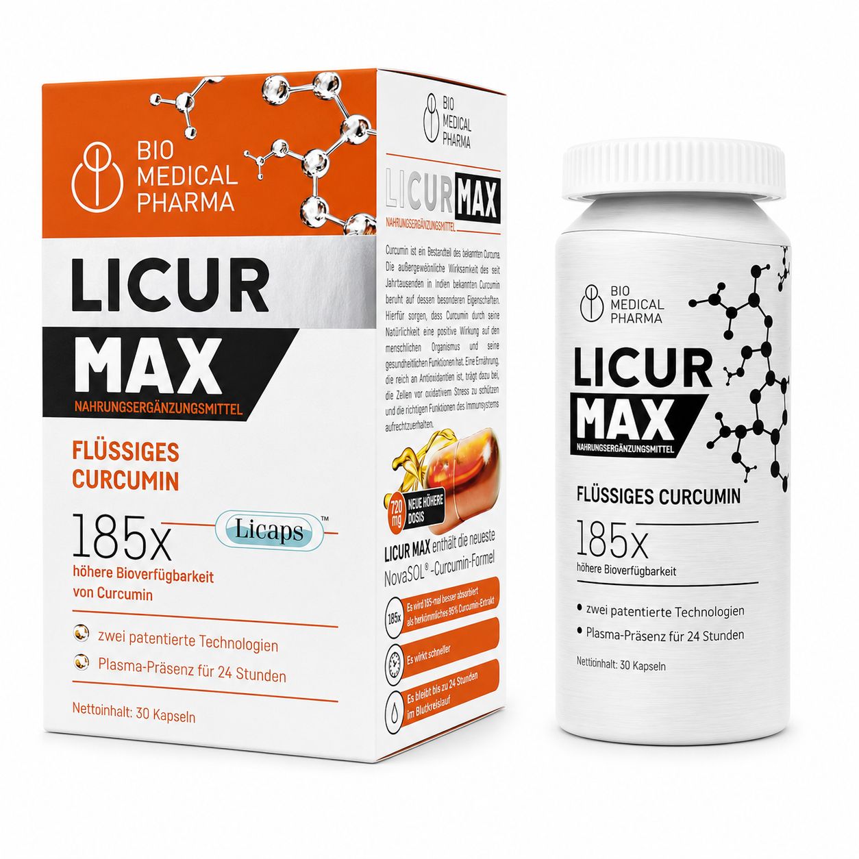 Bio Medical Pharma Licur Max Kurkuma Capsules: doos en flesje.