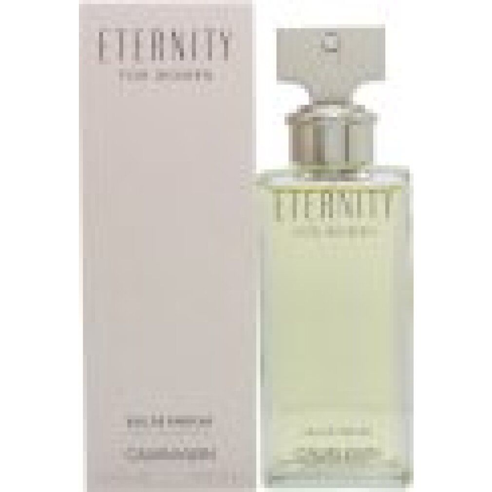 Fles en verpakking. Opschrift "Eternity for Women" en "Calvin Klein". Fles rechthoekig met zilveren dop.