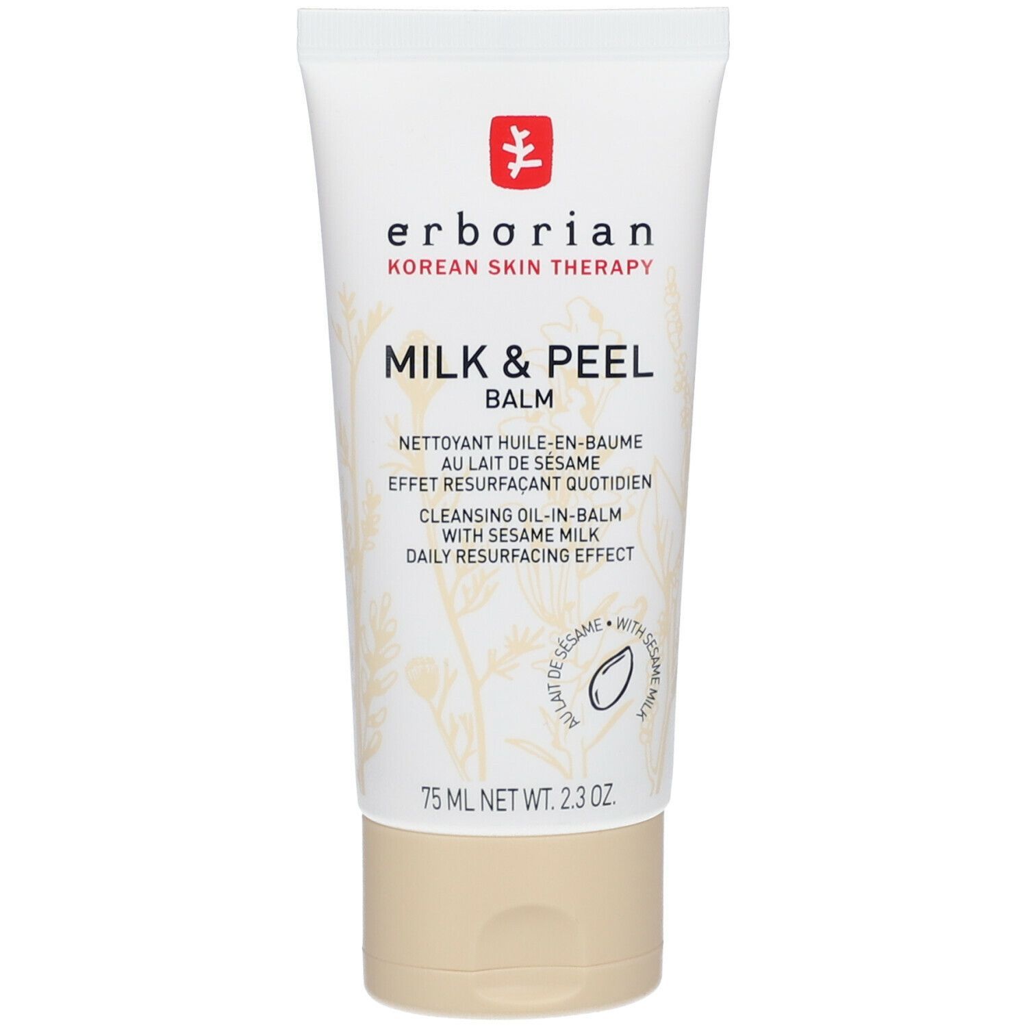 Tube blanche, bouchon beige. Inscription : "erborian MILK & PEEL BALM". Contient 75 ml. Avec huile de sésame.
