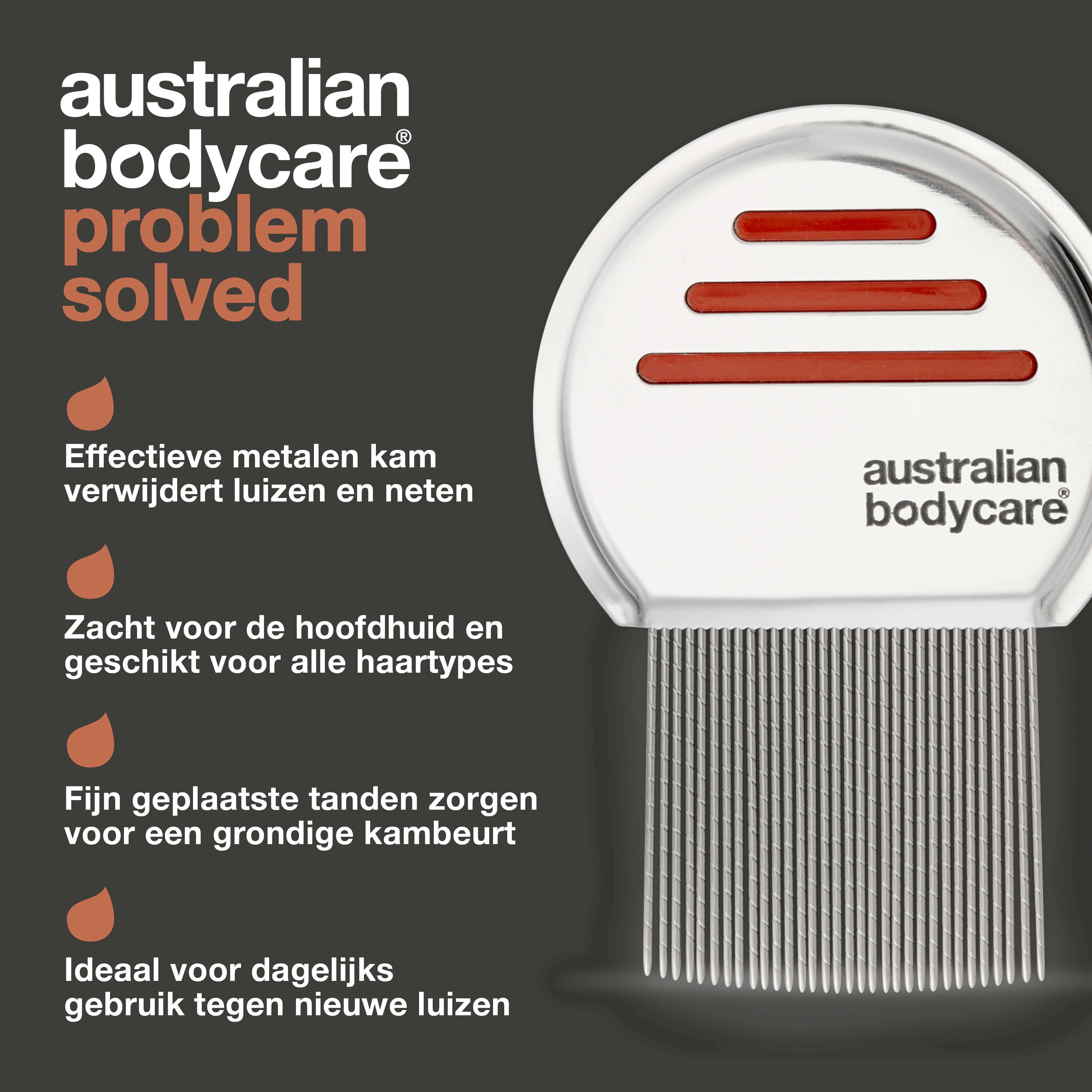 Luizenkam met tekst: Australian Bodycare. Tekst: Effectieve metalen kam verwijdert luizen. Zacht voor de hoofdhuid.