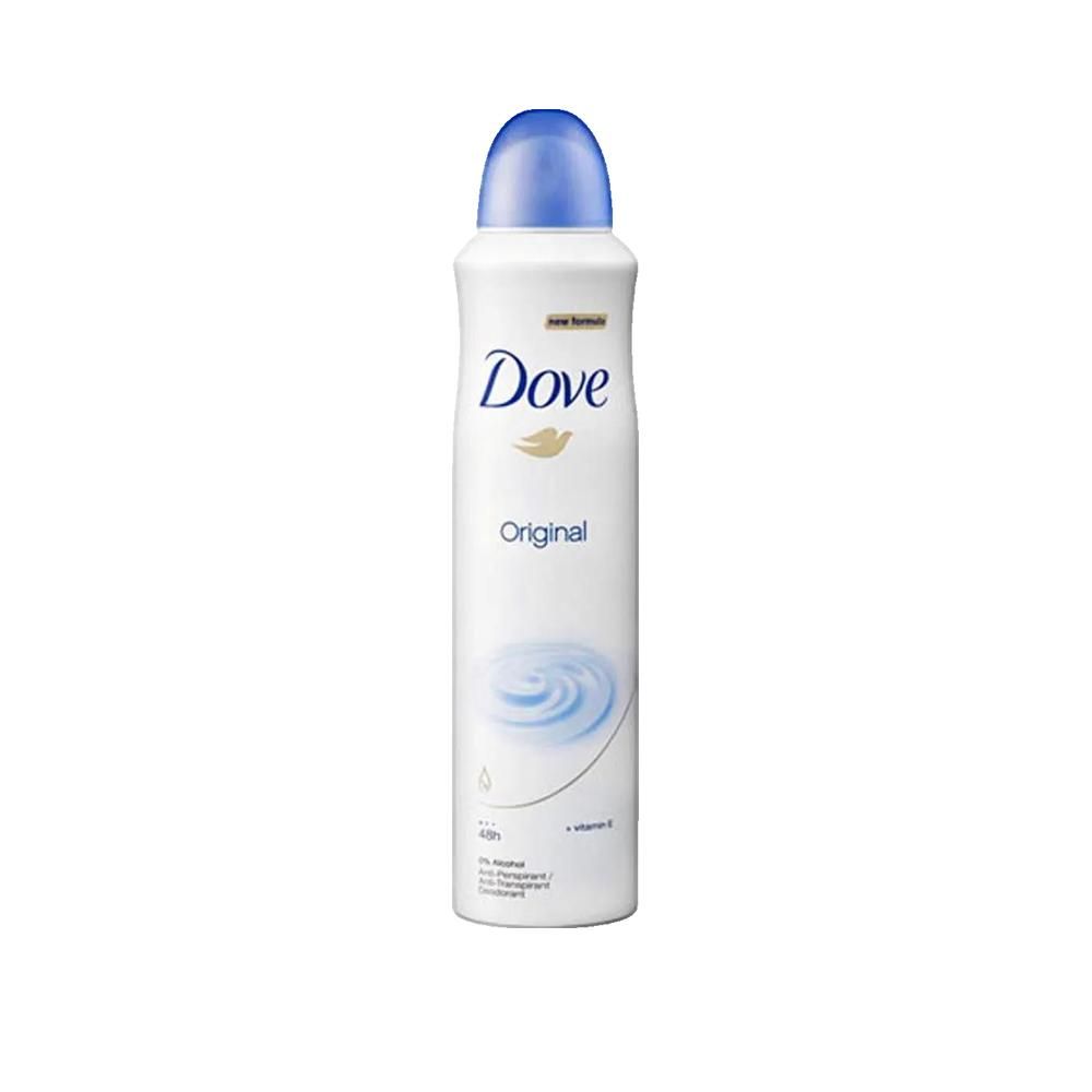 Witte Dove Original deo spray met blauwe spuitkop. Opschrift Dove en productnaam Original.
