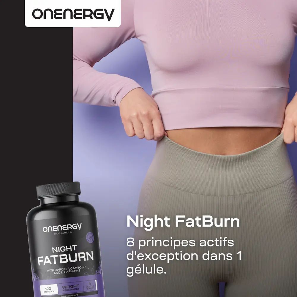 Femme en tenue de sport. Flacon ONENERGY Night FatBurn. Texte: 8 principes actifs exceptionnels dans 1 gélule.
