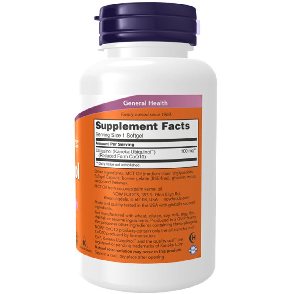 Dos du flacon. Étiquette avec informations nutritionnelles pour Ubiquinol. Ingrédients et informations fabricant. Récipient blanc, bouchon violet.