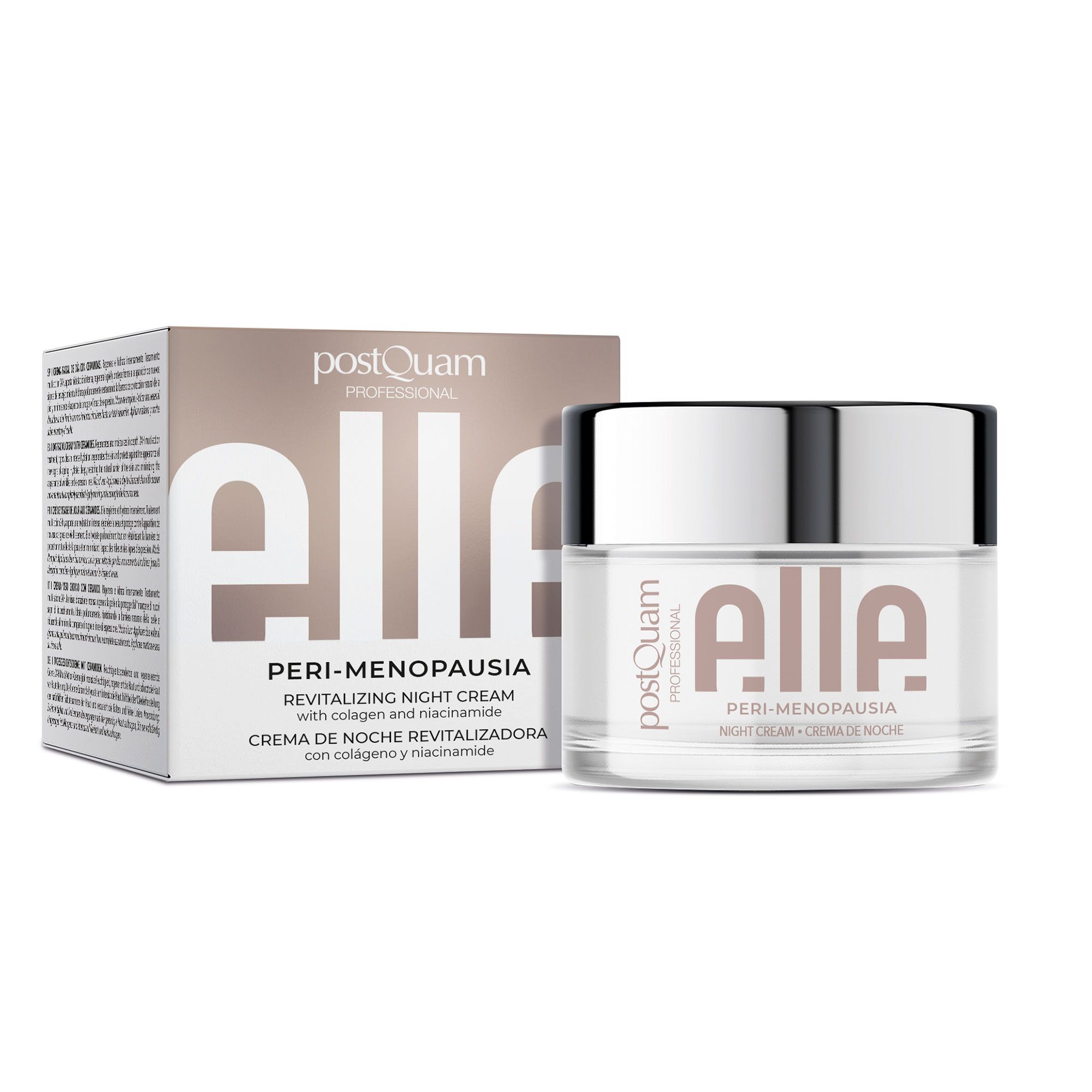 Pot de crème et emballage. Inscription : elle, Peri-Menopausia, Revitalizing Night Cream. Avec collagène et niacinamide.