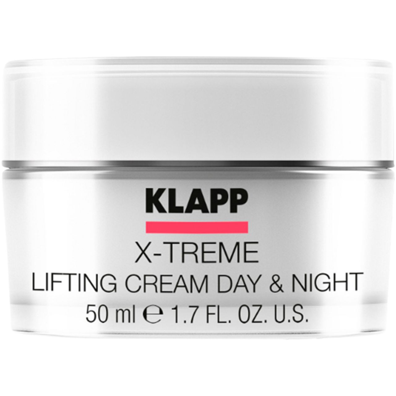 Witte pot met productopdruk: KLAPP, X-Treme, Lifting Cream Day & Night. 50 ml.