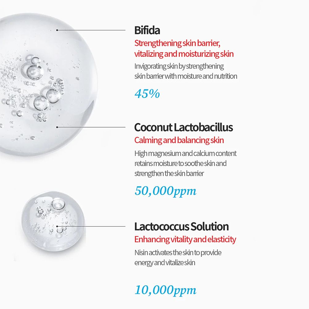 Close-up van drie druppels vloeistof met tekst. Tekst toont ingrediënten en concentraties.