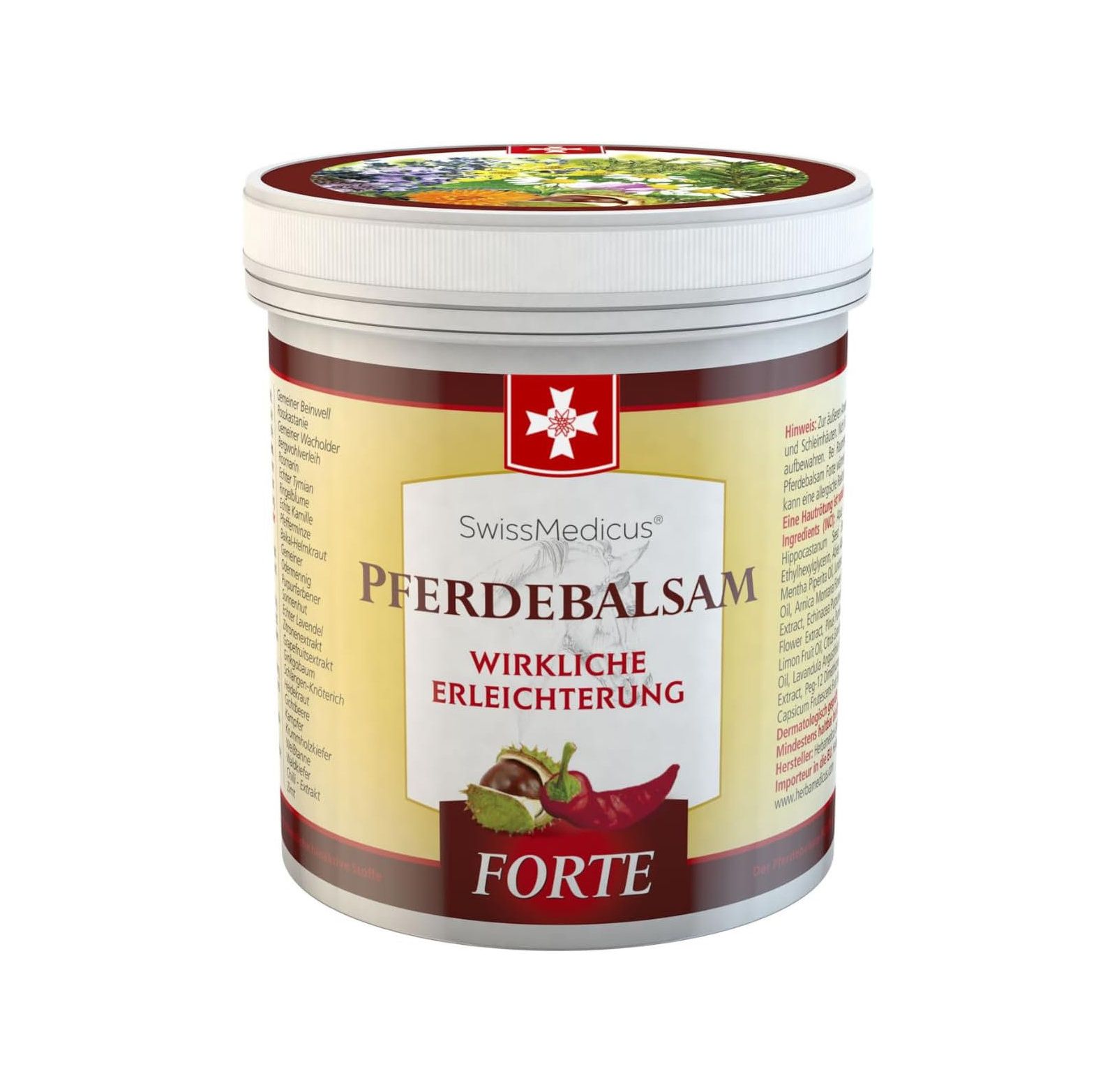 Boîte SwissMedicus Baume pour Chevaux Forte avec baume rouge et herbes.