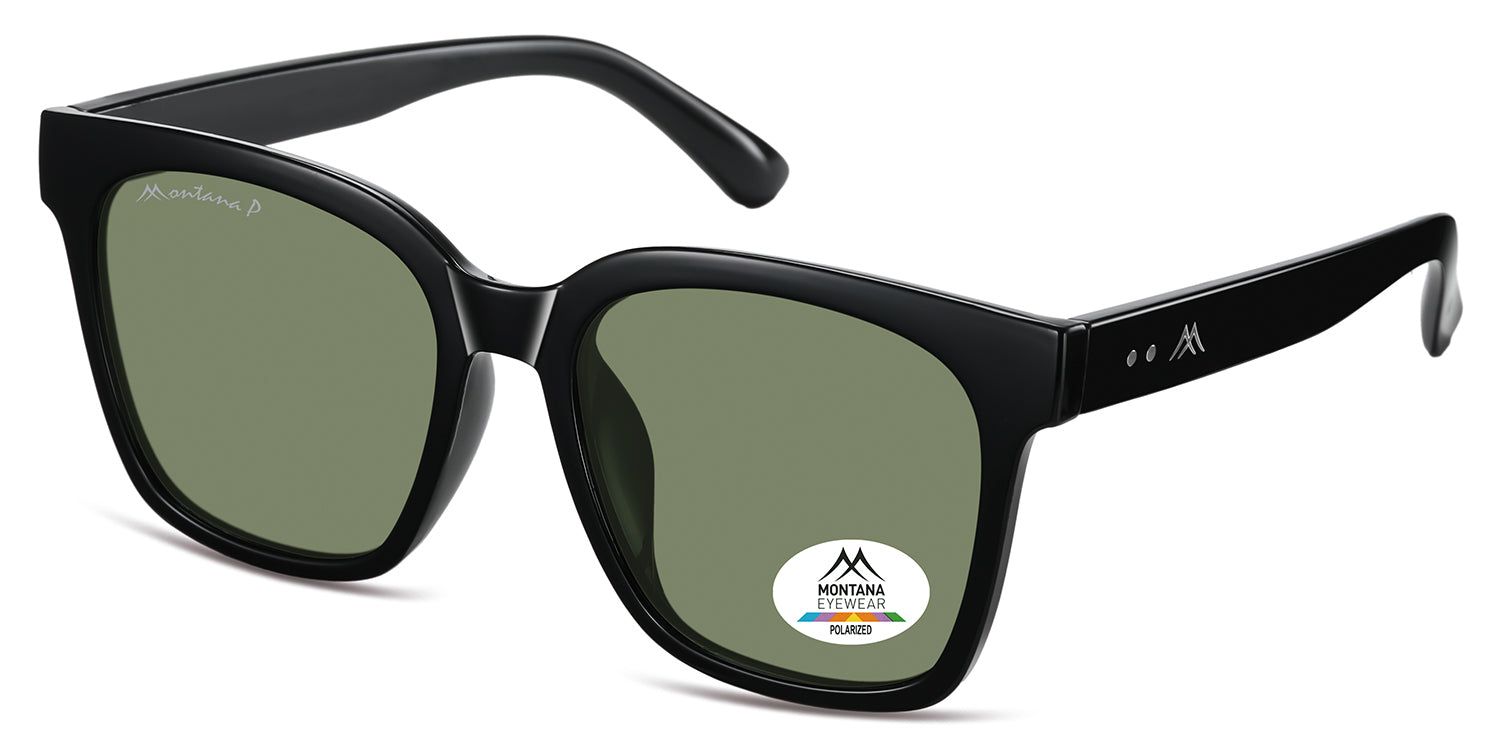 Lunettes de soleil noires à verres verts. Logo Montana Eyewear sur la branche gauche et un verre. Polarisées.