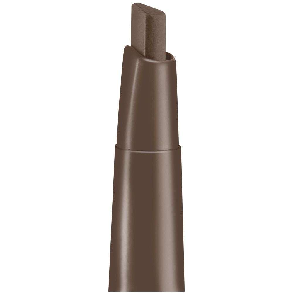 Crayon à sourcils à pointe biseautée. Couleur brun foncé. Le crayon est cylindrique.