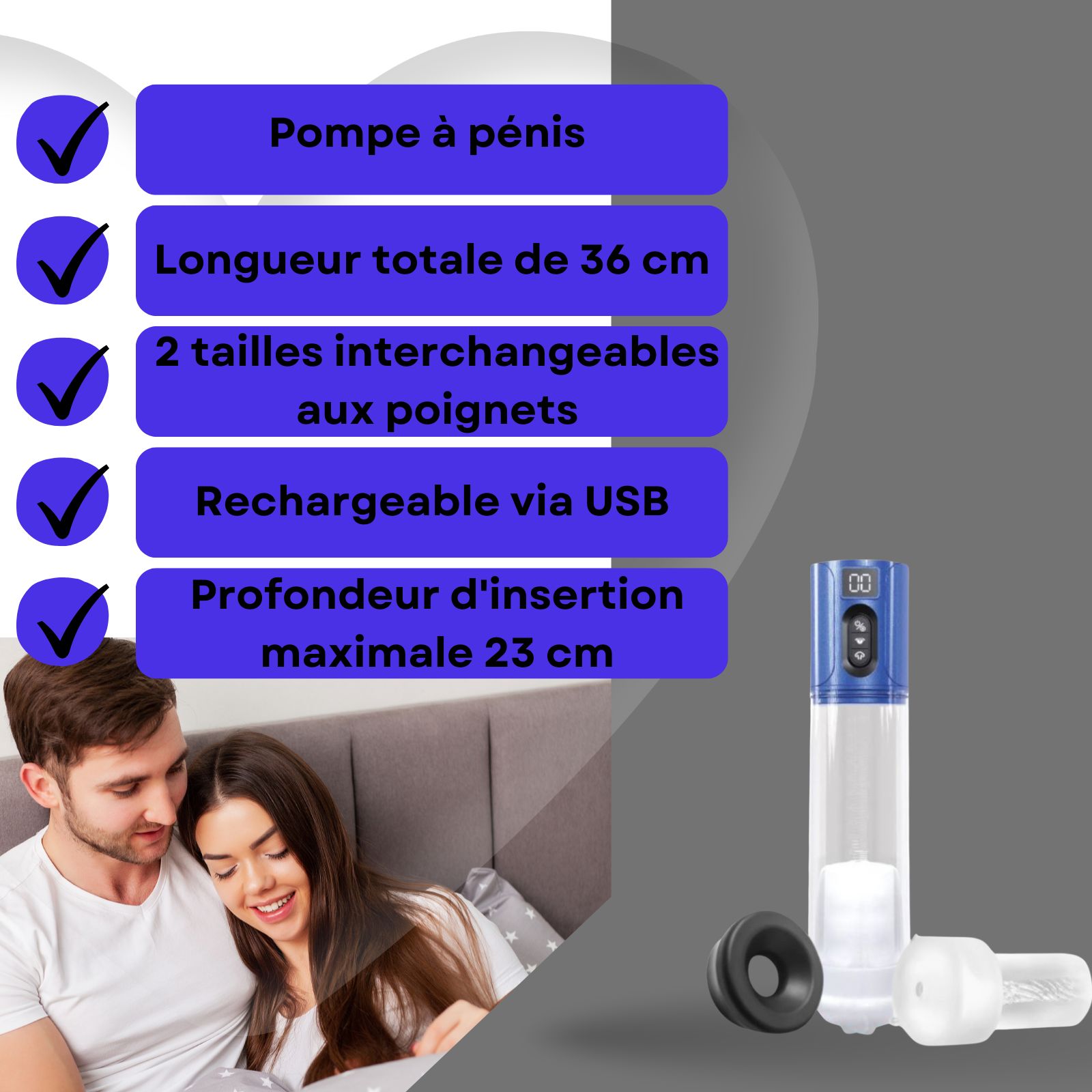 Pompe à pénis électrique avec panneau bleu, accessoires et texte. Longueur totale 36cm, profondeur max 23cm.