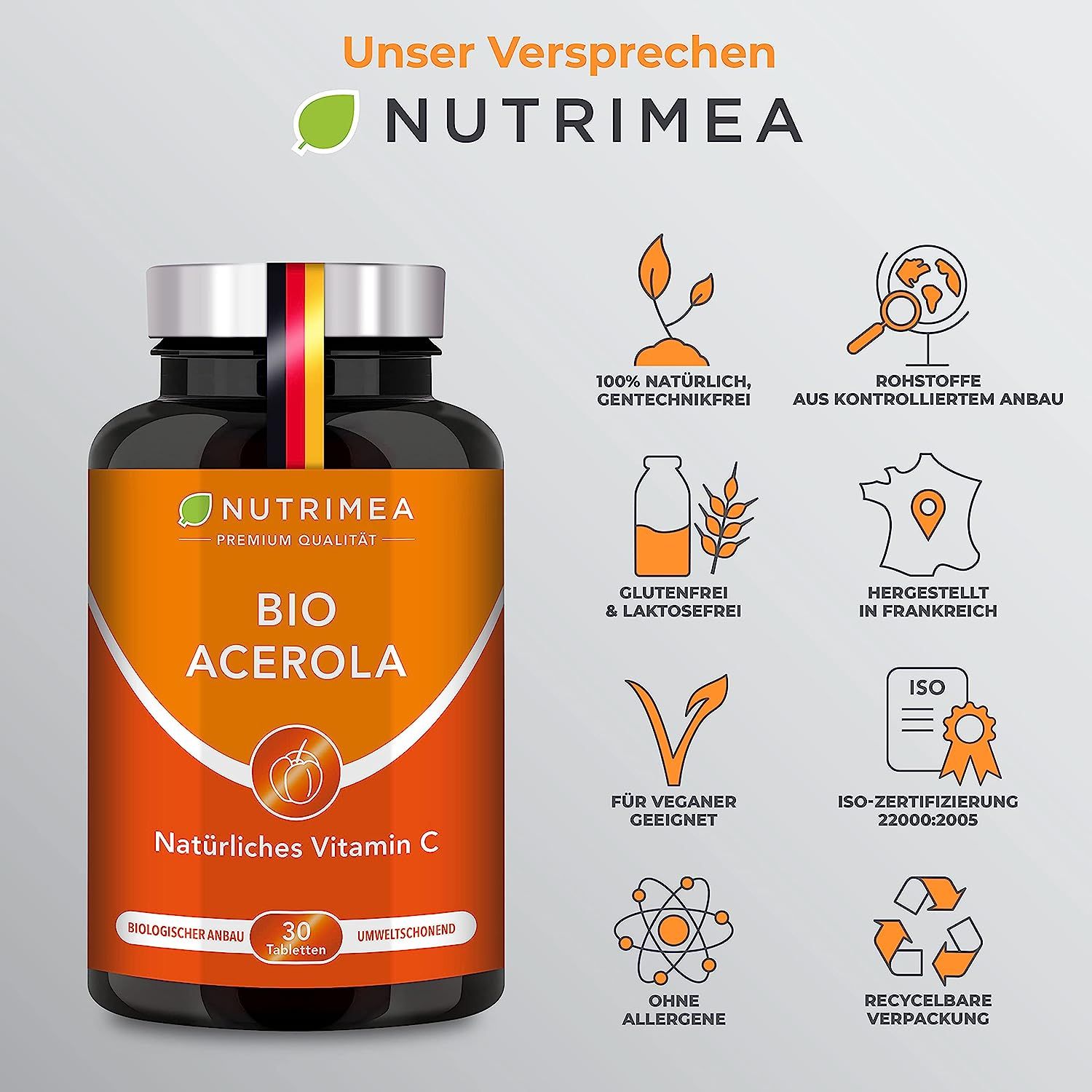 Flacon avec étiquette: BIO ACEROLA, Vitamine C naturelle, 30 comprimés. Icônes: naturel, sans OGM, matières premières, sans gluten, végétalien, certifié ISO, etc.