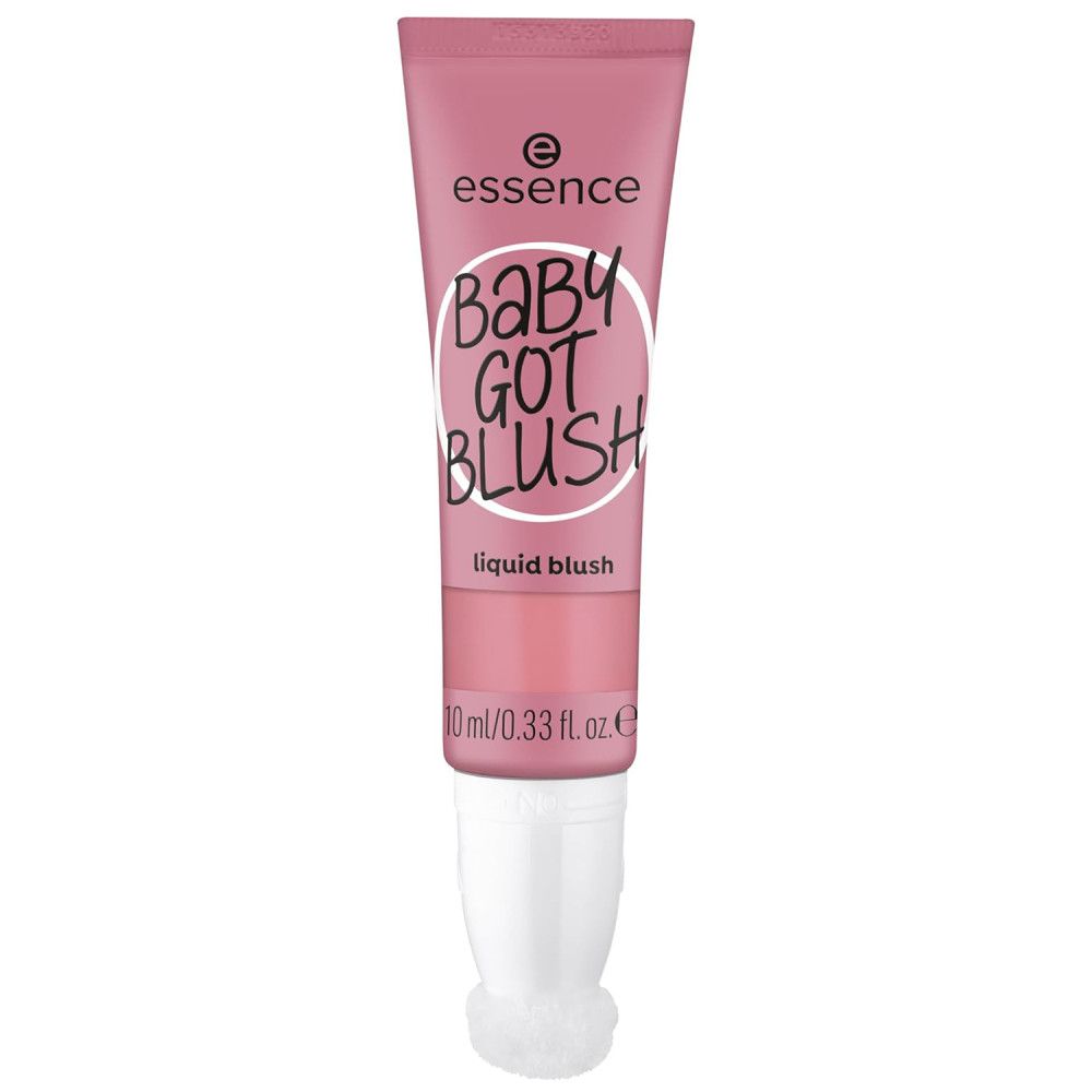 Roze vloeibare blush tube. Witte tekst "Baby Got Blush" en "liquid blush". Merk: Essence. 10 ml/0.33 fl.oz.