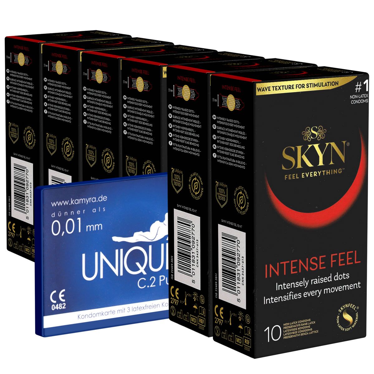 Plusieurs boîtes de préservatifs SKYN *Intense Feel*. Emballage noir avec ligne rouge et texte. Dix préservatifs par boîte.