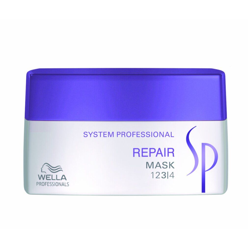 Rechthoekige pot met paars deksel. Opschrift: System Professional Repair Mask. Logo Wella. Witte pot met paars deksel.