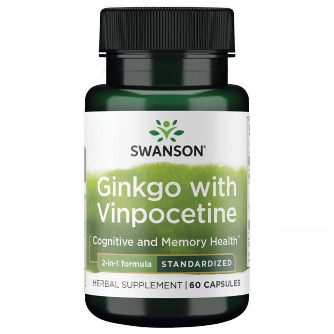 Flacon vert avec étiquette blanche. Inscription: SWANSON, Ginkgo with Vinpocetine, 60 capsules.