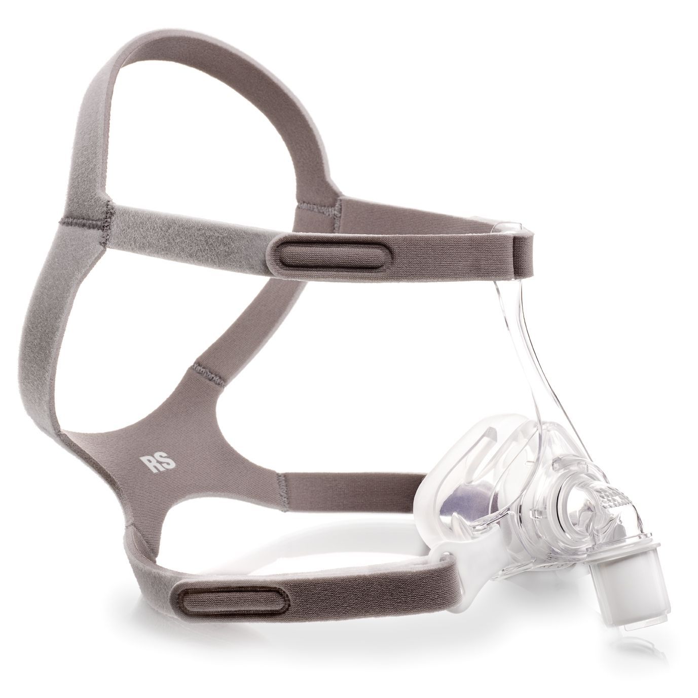Masque de sommeil gris avec pièce nasale transparente et bandeau réglable.
