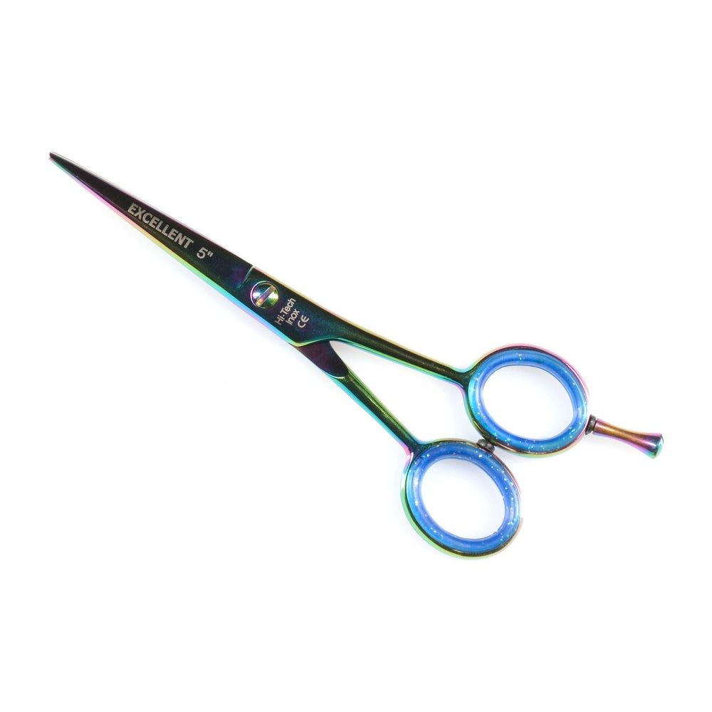 Haarschaar met regenboogeffect. Opschrift: EXCELLENT 5". Blauwe ringen voor de vingers. CE-markering.