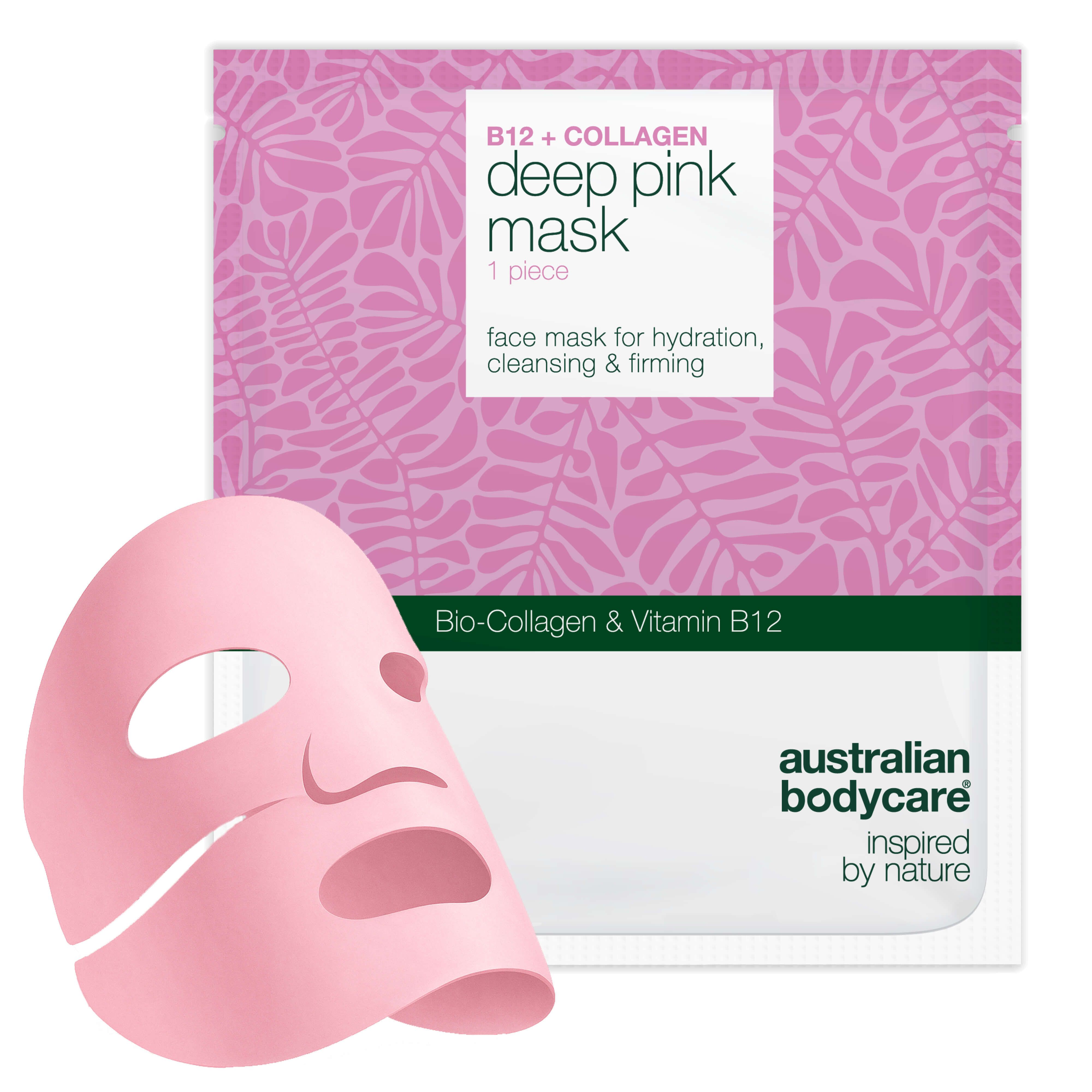 Masque facial rose et emballage. Texte : B12 + COLLAGEN, deep pink mask, 1 piece, face mask for hydration, cleansing & firming.