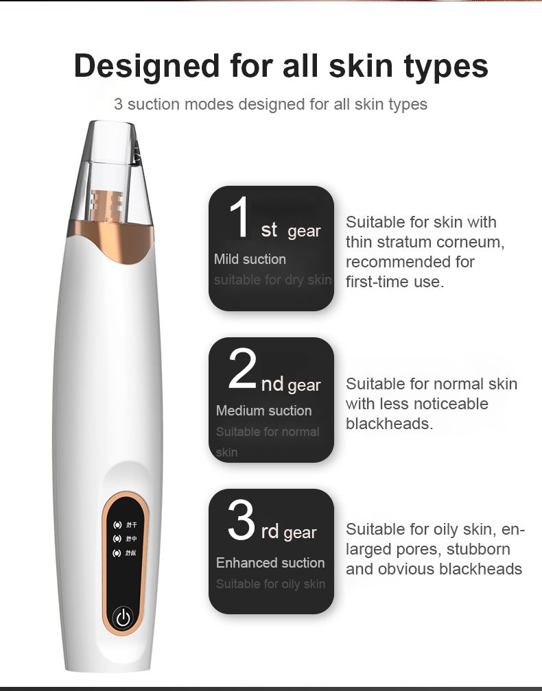 Appareil ErthSkin London pour le nettoyage en profondeur des pores. Trois modes d'aspiration. Texte: Designed for all skin types. 1st gear, 2nd gear, 3rd gear.