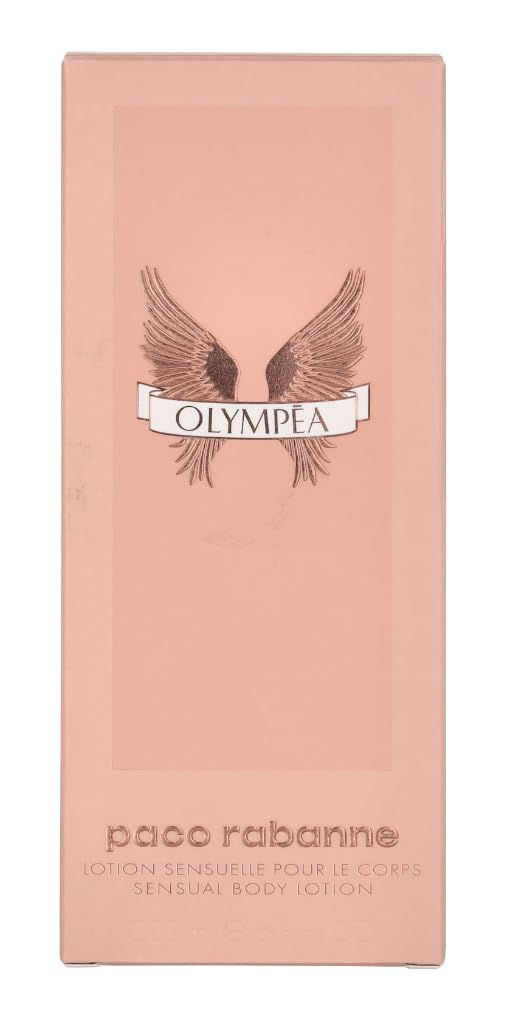 Boîte rose avec logo Olympea et inscription Paco Rabanne. Texte : Lotion Sensuelle pour le Corps.