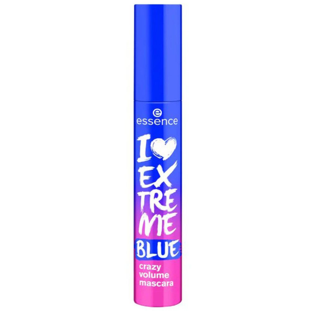 Tube de mascara bleu avec texte blanc. Nom du produit: I Love Extreme Blaues Volumen Wahnsinn Mascara. Base rose.