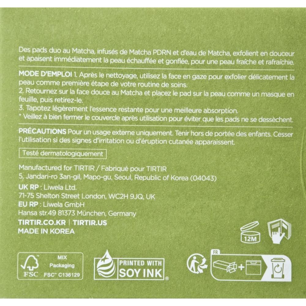 Verpakking van matcha pads met instructies en ingrediënten. Bevat FSC- en sojaink-printlogo's.