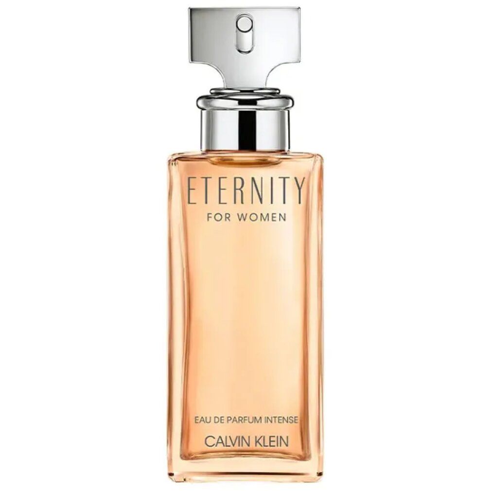 Flacon rectangulaire avec bouchon argenté. Inscription : Eternity for Women, Eau de Parfum Intense, Calvin Klein.