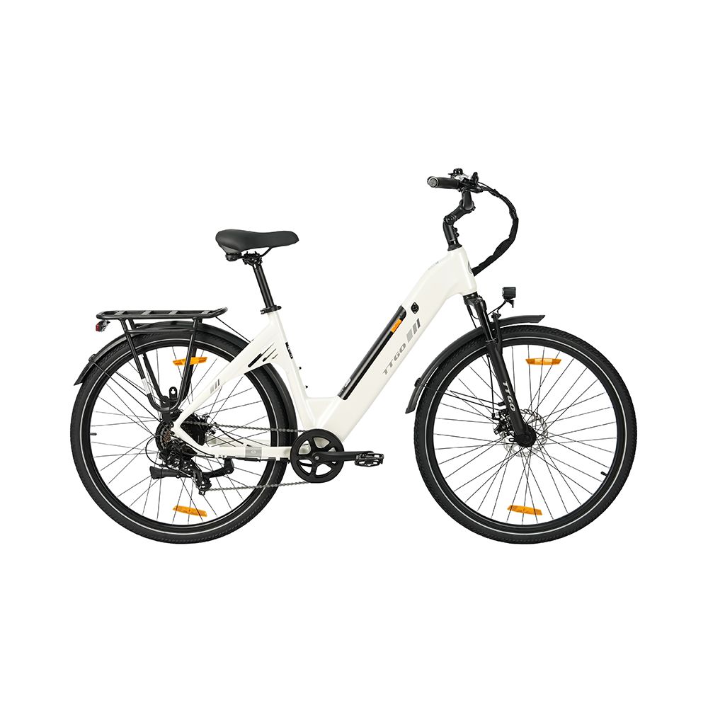 Vélo électrique blanc avec pneus noirs et porte-bagages. Marque visible : TTGO.