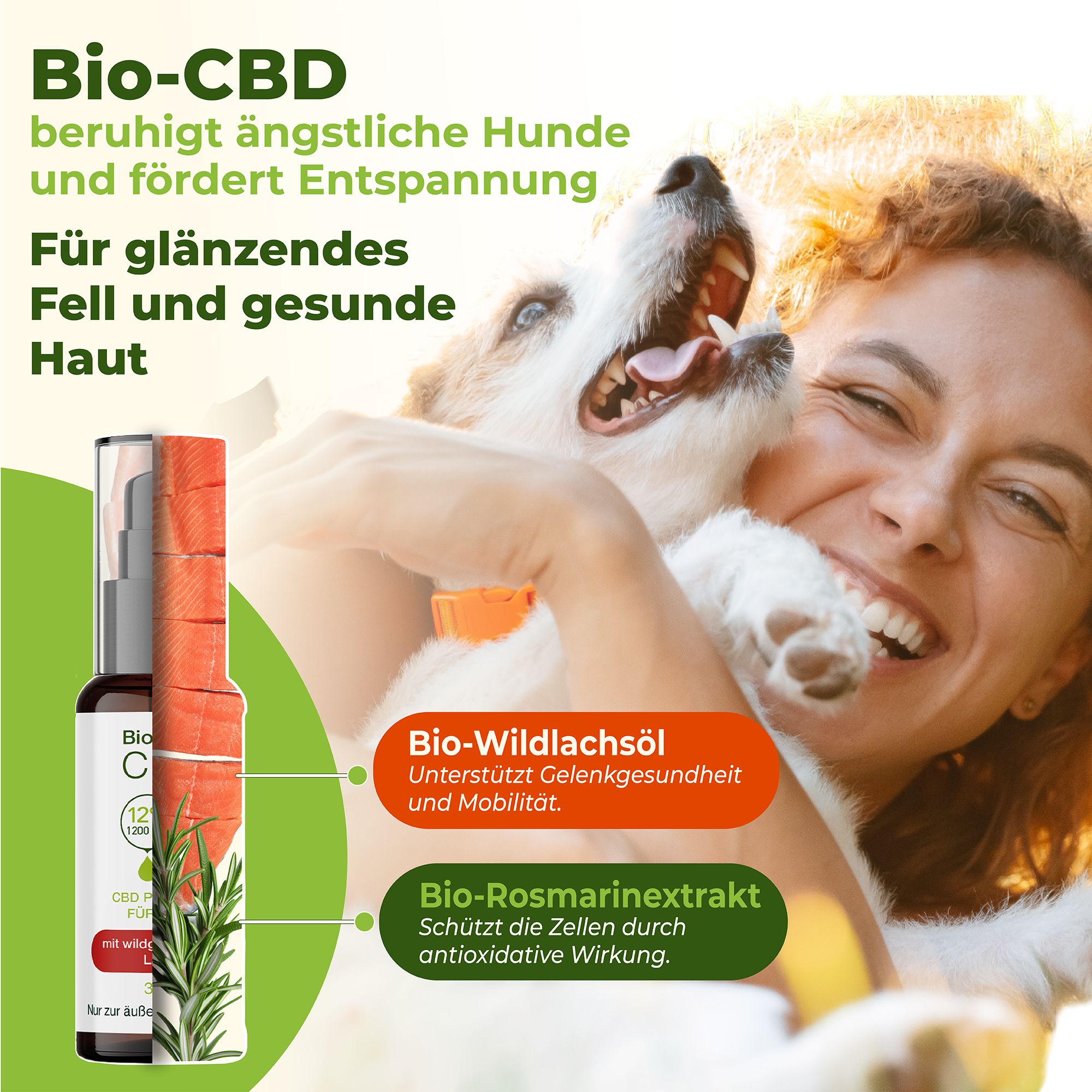 Afbeelding van een hond en een vrouw. CBD-olie fles met pomp. Tekst: Bio-CBD, voor een glanzende vacht en een gezonde huid.