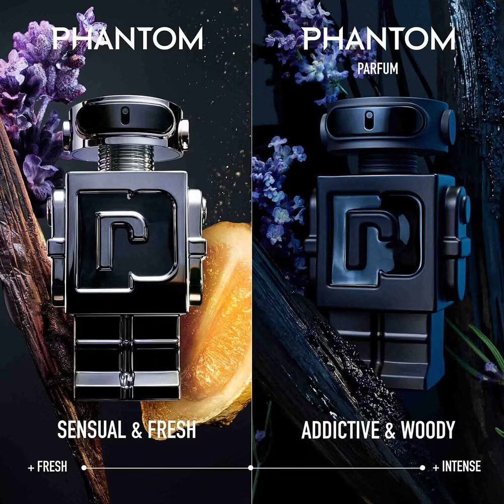 Deux flacons robots, un argenté, un noir. Texte : "Phantom" et "Parfum". "Sensual & Fresh" et "Addictive & Woody".